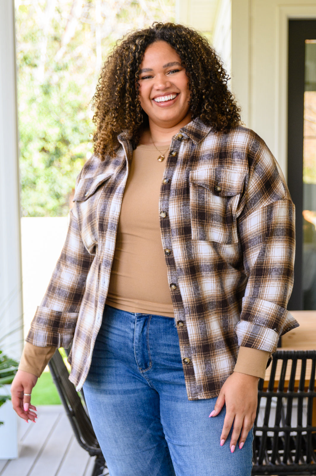 Outside Stroll Plaid Waist Tie Shacket In Brown