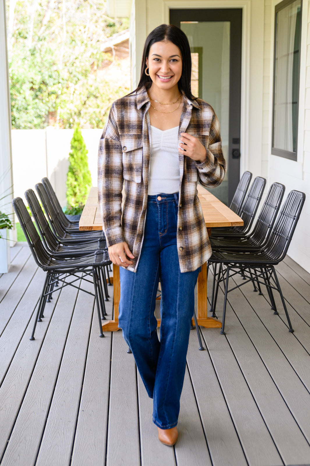 Outside Stroll Plaid Waist Tie Shacket In Brown